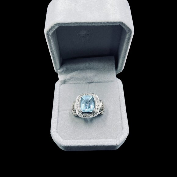 925 Silver Blue Topaz Diamond Ring Cushion Cut Gold Accents Cocktail Jewelry - Picture 10 of 11